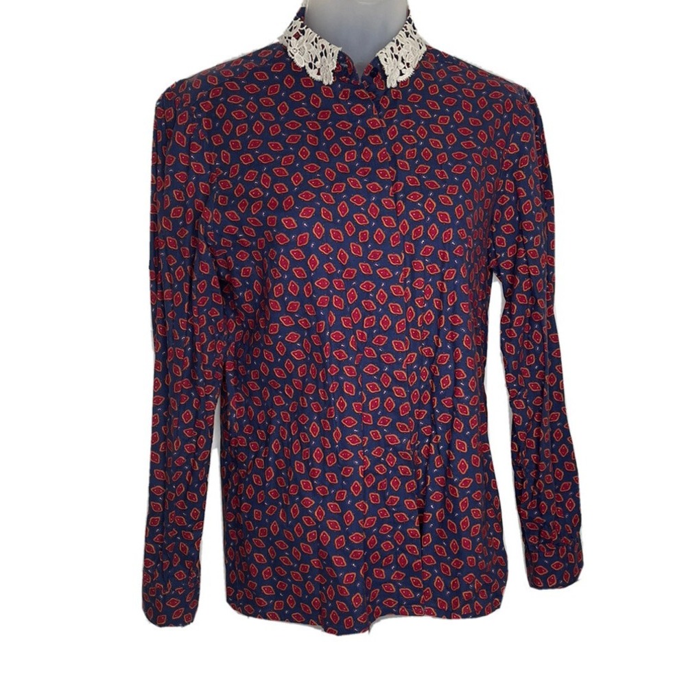 Vintage Top Lace Collar Paisley Print S Long Puff Sleeves Blue Red Button Up Y2K